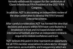 新西兰足协声明：撤回对因凡蒂诺竞选FIFA主席的支持