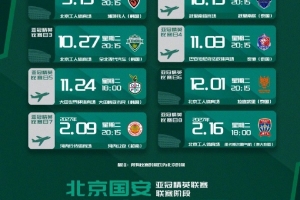 国安亚精英赛程：前6轮对阵韩国+泰国各3队，末轮主场对喷气机
