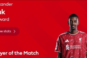 梅开二度！伊萨克当选利物浦2-0伊普斯维奇全场最佳球员