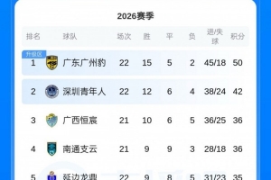 中甲积分榜：广州豹8分优势领跑，深圳青年人多赛领先第三6分