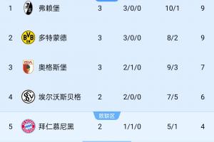 德甲积分榜：弗赖堡3场轰10球丢1球登顶 多特暂第二 拜仁明日出战