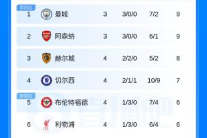 英超积分榜：赫尔城4轮不败第3 蓝军第4红军第6 今晨枪手热刺出战
