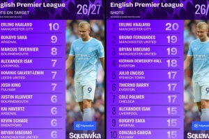 制霸！哈兰德本赛季射门和射正次数均位列英超第一