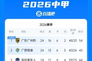 第二至第四差3分！中甲积分榜：广州豹9分优势领跑，广西恒宸次席
